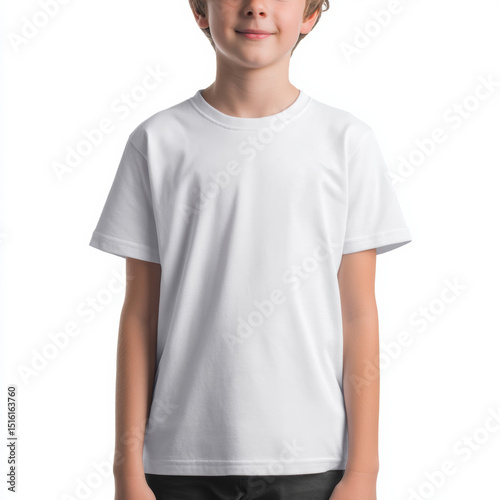 Basic white t-shirt worn by a child standing against a neutral background in a casual pose