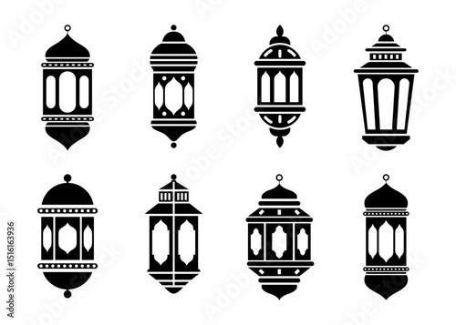 Islamic lantern vector set silhouette in black and white color. Ramadan hanging lamp light elements for Arabic festival decoration, poster, cards and banner design, Fanous vector collection.