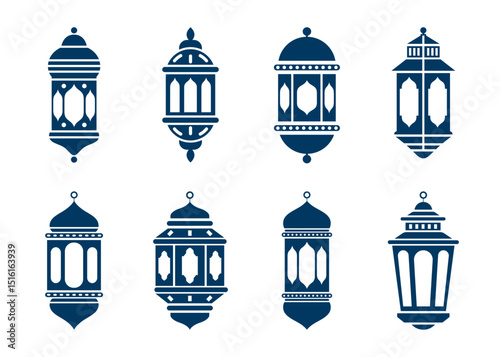 Islamic lantern vector set in blue color. Ramadan, Eid hanging lamp light elements for Arabic festival decoration, poster, cards and banner design, Fanous collection. Vector illustration