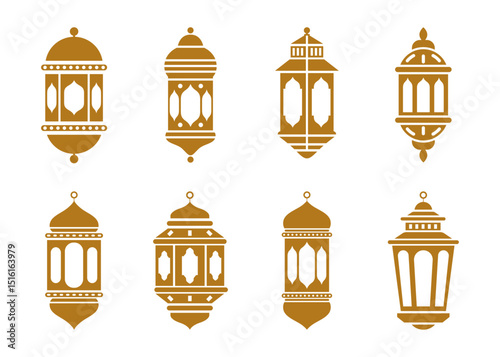 Islamic lantern vector set in gold color. Ramadan, Eid hanging lamp light elements for Arabic festival decoration, poster, card and banner design, Fanous collection. Vector illustration