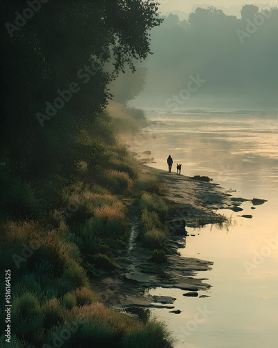 A fisherman walking along the edge of a river with his dog, the cool morning mist and soft sunlight creating a peaceful scene of companionship.