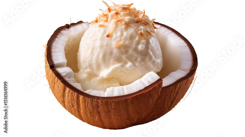 Creamy Coconut Ice Cream Scoop Served in a Fresh Coconut Shell