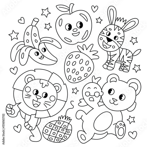 Adorable black and white cartoon animals and fruits perfect for coloring pages and childrens educational material