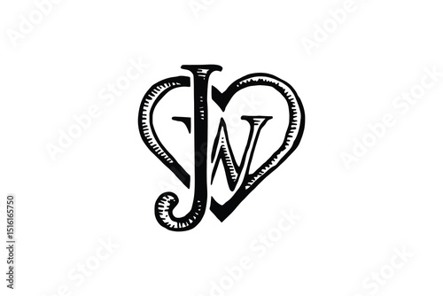 A monogram of the letters j and w intertwined within a heart shape design