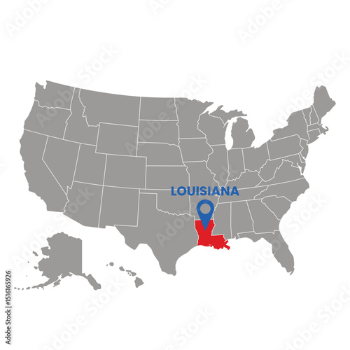 Louisiana highlighted in red on a gray United States map with location pin perfect for geography material