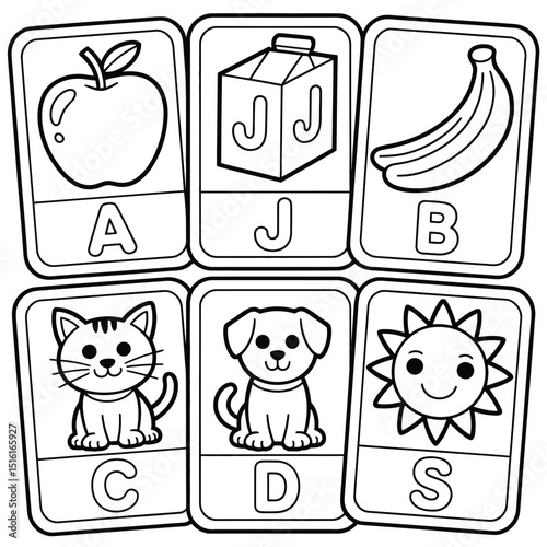 Black and white alphabet cards illustrating everyday objects and cute animals for preschool learning activities and coloring pages