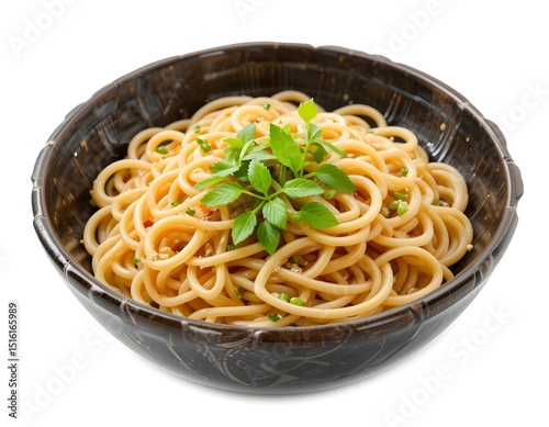 Bowl of noodles on white background.