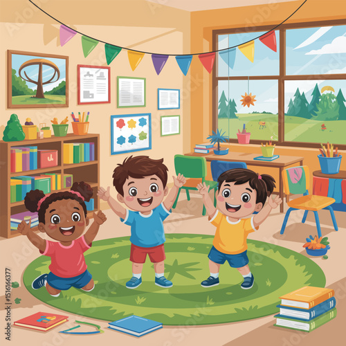Happy children celebrating in a colorful classroom illustrative vector art for educational and learning concepts