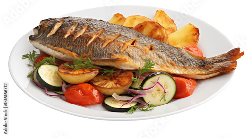 Delicious Grilled Sea Bass on Plate on transparent background