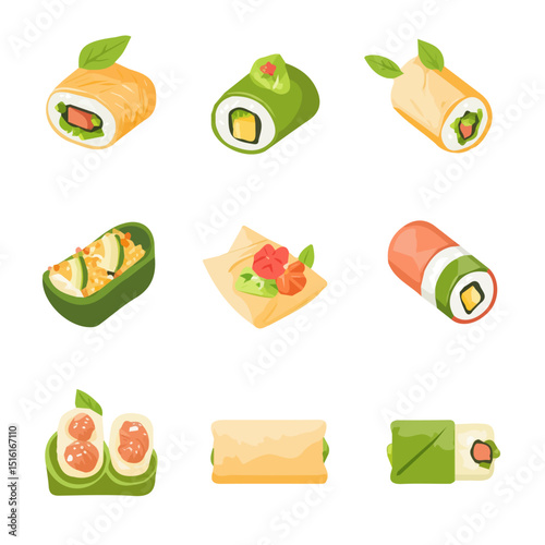 My Simple flat 2D icon, spring rolls set isolated on a transparent background, vector, flat design, animation design, simple flat 2D icon, minimalist design, clipart. eps
