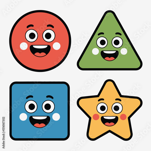 Cheerful cartoon shapes circle triangle square and star smiling with joyful faces for educational children's content