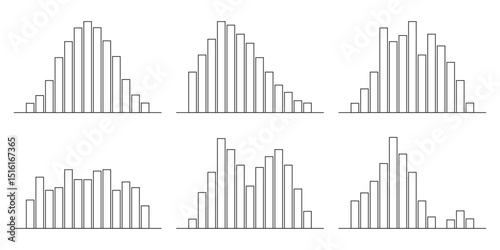 Types of distribution graph on white paper: normal Gauss, positive, negative, double peak and isolated peak, plateau distribution. Math bw template of probability theory. Vector illustration