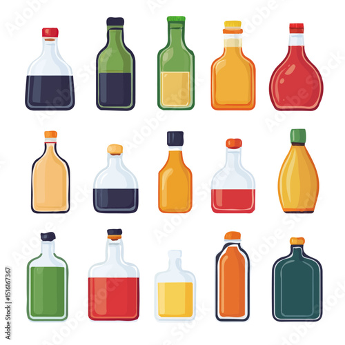 My Simple flat 2D icon, vinegar bottles set isolated on a transparent background, vector, flat design, animation design, simple flat 2D icon, minimalist design, clipart. eps