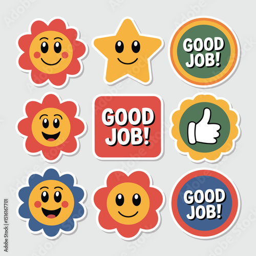 Collection of cheerful good job stickers including smiling flowers stars and encouraging messages perfect for rewarding achievements in education and positive reinforcement