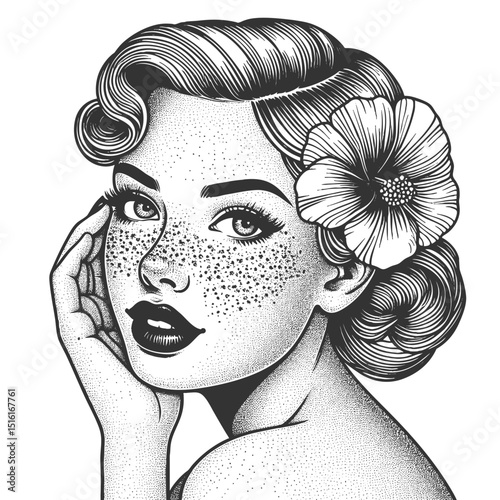 beautiful freckled woman with wavy hair and a hibiscus flower sketch engraving generative ai fictional character vector illustration. Scratch board imitation. Black and white image.