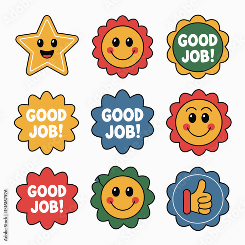 Collection of cheerful reward stickers featuring smiling faces good job messages and a thumbs up for recognizing achievements in various vibrant shapes and colors.