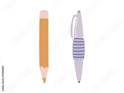 Vector isolated illustration of a pencil and a pen in minimal flat design. Great for school supplies, office tools, writing, drawing, and educational or creative projects.