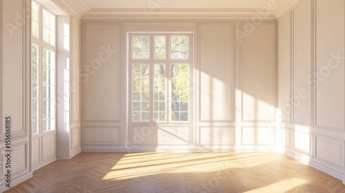 Wallpaper Mural Sunlit Empty Room Interior with Large Window and Parquet Flooring Torontodigital.ca