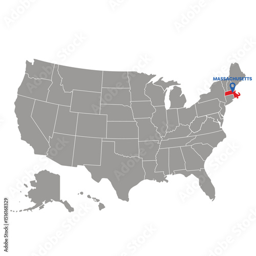 Grey map showing Massachusetts in the United States with a blue pointer icon and state name; ideal for geography materials.