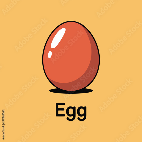Cartoon illustration of a single red egg with a highlight and shadow on a yellow background with the word egg beneath it