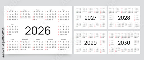 Calendar for 2026, 2027, 2028, 2029, 2030 years. Calender templates. Week starts Sunday. Desk planer grid. Planner layout with 12 months. Yearly diary in English. Vector illustration. Paper size A4