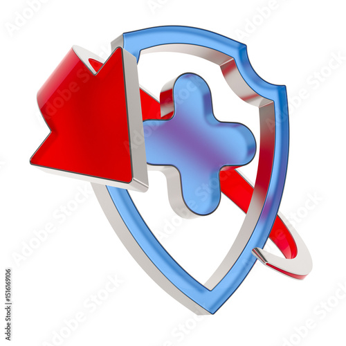 Cross into shield and arrow on white background. Isolated 3D illustration