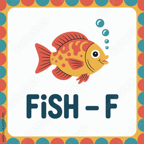 Educational flashcard featuring a cheerful fish illustrating the letter f designed for early childhood learning and alphabet recognition