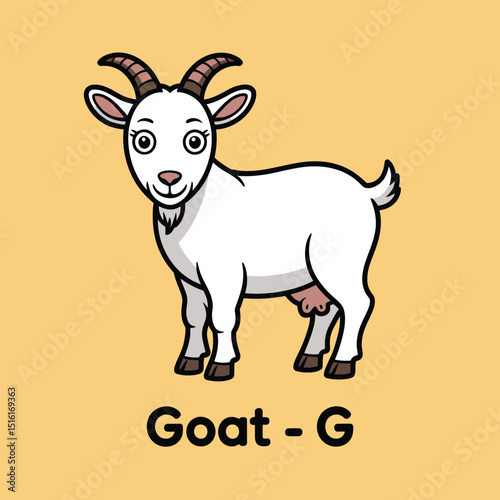 Cartoon illustration of a white goat against a mustard yellow background for educational alphabet learning and animal concepts
