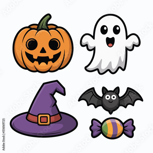 Adorable halloween icons set featuring a jack o lantern a friendly ghost a witchs hat a cute bat and a candy treat perfect for seasonal design