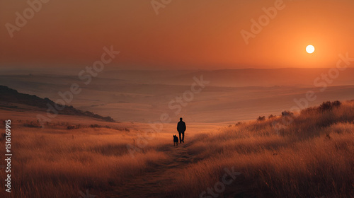 A man and his dog walking across a vast, empty field as the sun sets behind them, casting a warm golden glow over the quiet landscape.