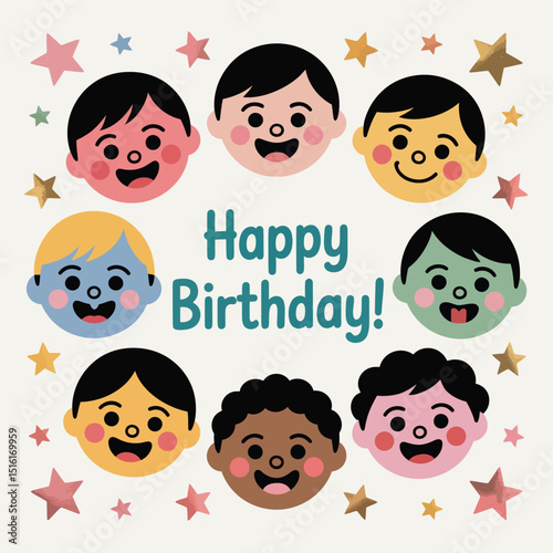 Colorful happy birthday card design featuring diverse children's faces and star decorations celebrating a special day with joyful illustration.