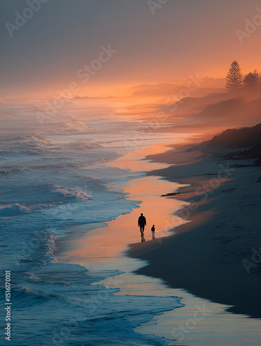 A man and his dog walking along a quiet beach, the waves gently lapping at the shore as the light of the early morning sun bathes the scene in warmth.