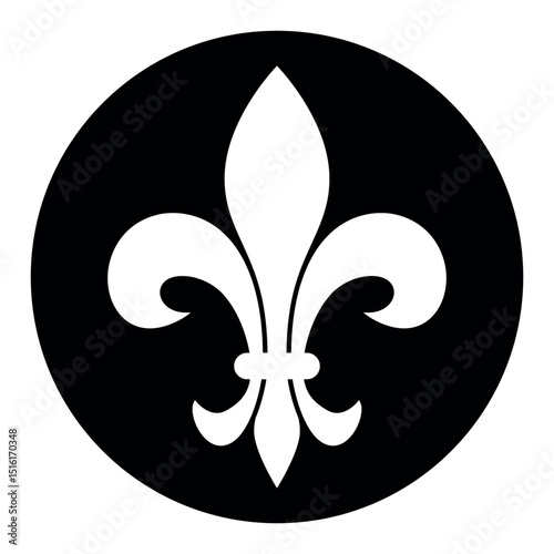 Fleur-de-lis, white vector silhouette illustration of Lily flower heraldic charge shape symbol Fleur de lys, in black circle isolated on white