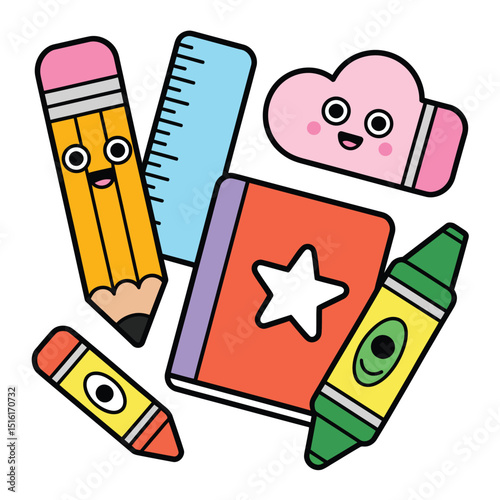 Cute cartoon school supplies collection featuring pencil ruler crayon cloud and notebook on a white background