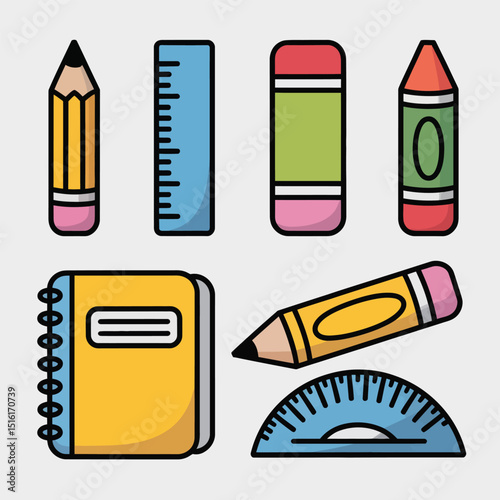Colorful school supplies collection including pencils rulers erasers crayons and notebooks perfect for education and design projects