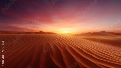 Fototapeta Naklejka Na Ścianę i Meble -  A breathtaking view of sand dunes at sunset reveals a spectacular array of colors in the sky, symbolizing the tranquility and beauty of nature’s transformation at dusk.