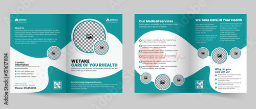 Medical healthcare service bifold brochure design or hospital clinic promotion brochure template, Multipurpose template with cover, back, and inside pages layout