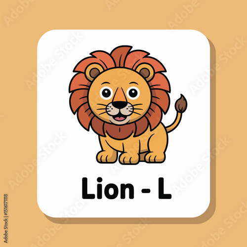 Adorable cartoon lion illustration on a white card for educational preschool learning activities alphabet and animal awareness