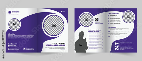 Medical healthcare service bifold brochure design or hospital clinic promotion brochure template, Multipurpose template with cover, back, and inside pages layout