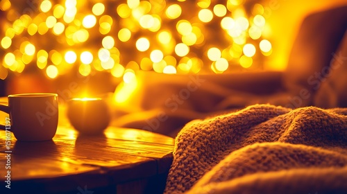 Cozy Winter Evening Hygge Scene with Warm Lights and Blanket
