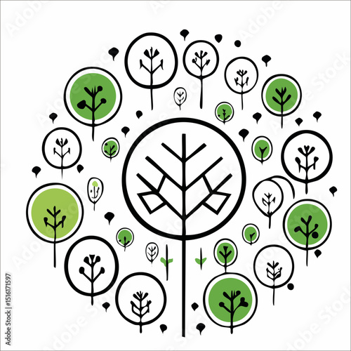 Minimalist Handdrawn Circle Green Trees Decorative Illustration Natural Abstract Background