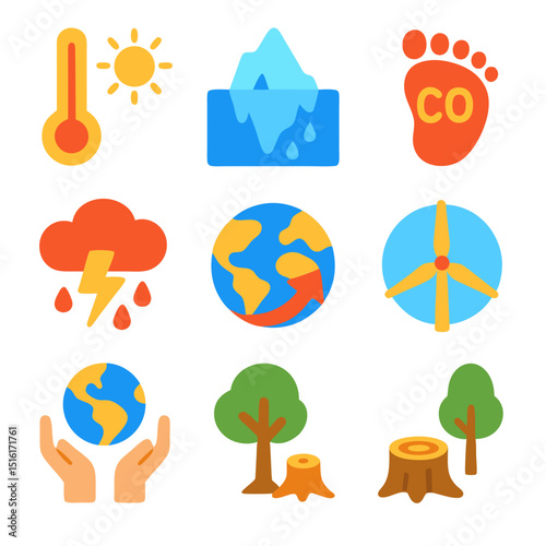 Global warming icons represent climate change. Suitable for environmental awareness campaigns, presentations, blogs, and educational materials on climate crisis.