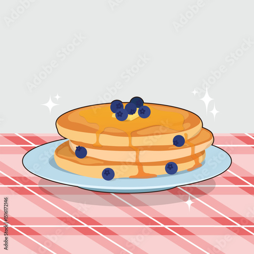 Stack of pancakes with blueberries syrup and butter on a light blue plate placed on a red and white checkered tablecloth