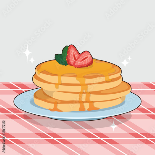A stack of pancakes adorned with syrup and strawberries served on a blue plate over a red and white checkered tablecloth