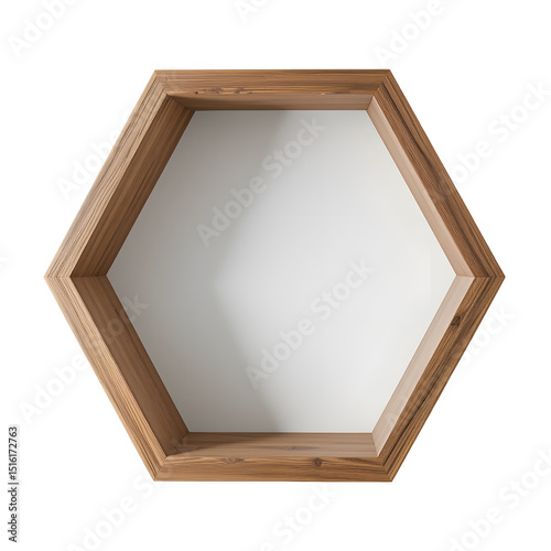 Hexagonal floating wooden shelf, clean lines, white background