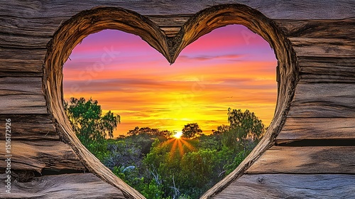 Heart Shaped Wooden Frame Sunset View Romantic Landscape