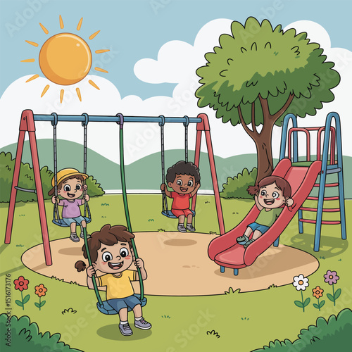 Cheerful kids playing on a playground with swings and slides on a sunny day under a clear blue sky fun playful and happy concept