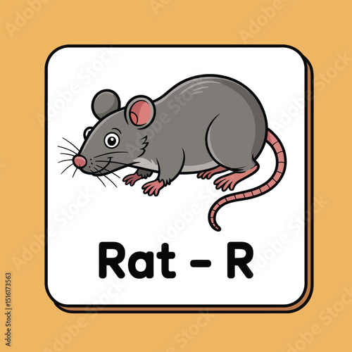 Educational illustration of a cartoon rat representing the letter r in a colorful alphabet learning flashcard perfect for preschool and early education