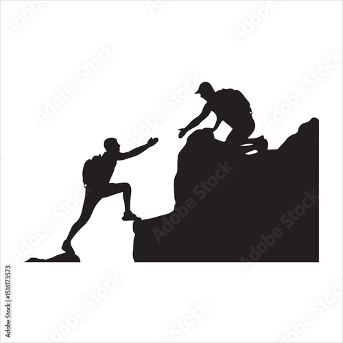 Silhouette of a male climber working in a team