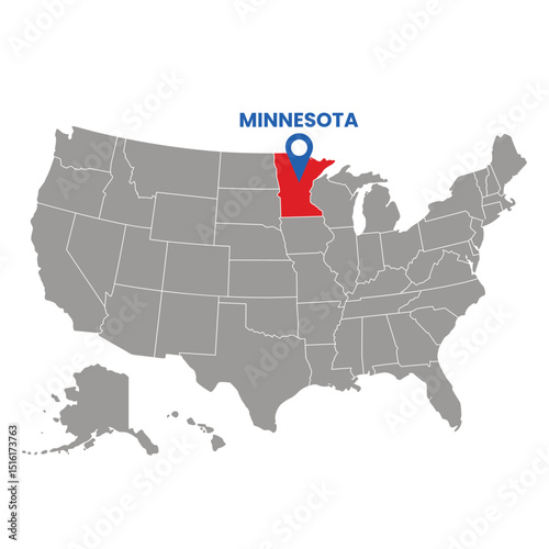 Map illustration showing Minnesota in red within the United States with a location pin identifying it, perfect for geographic and travel content.